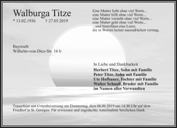 Anzeige von Walburga Titze von Nordbayerischer Kurier