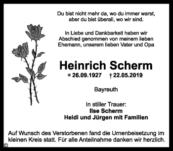 Anzeige von Heinrich Scherm von Nordbayerischer Kurier