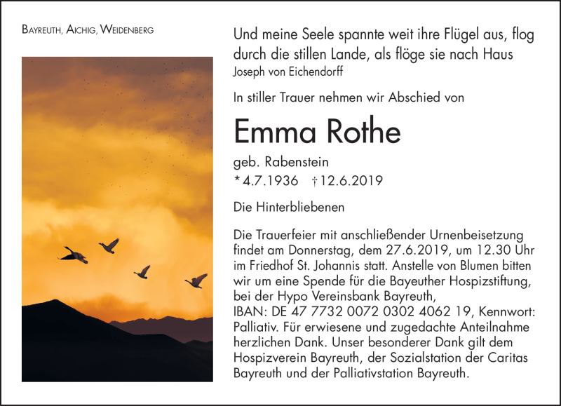  Traueranzeige für Emma Rothe vom 24.06.2019 aus Nordbayerischer Kurier