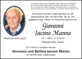 Anzeige von Giovanni Lancono Manno von Nordbayerischer Kurier