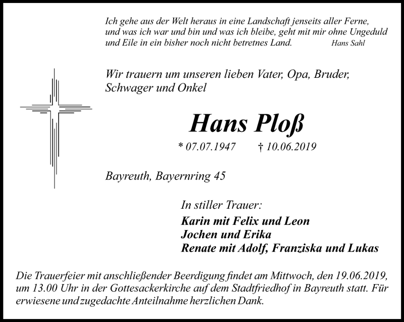  Traueranzeige für Hans Ploß vom 15.06.2019 aus Nordbayerischer Kurier