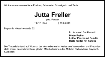 Anzeige von Jutta Freller von Nordbayerischer Kurier