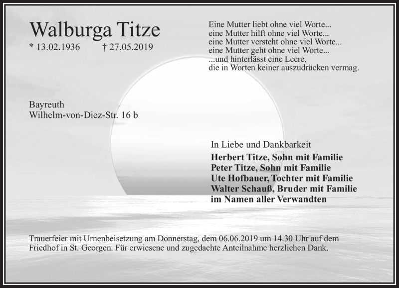  Traueranzeige für Walburga Titze vom 01.06.2019 aus Nordbayerischer Kurier