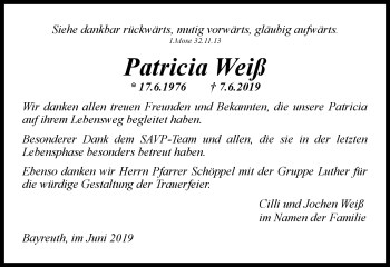 Anzeige von Patricia Weiß von Nordbayerischer Kurier