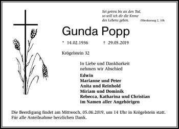 Anzeige von Gunda Popp von Nordbayerischer Kurier