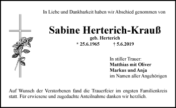Anzeige von Sabine Herterich-Krauß von Nordbayerischer Kurier