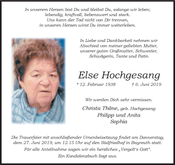 Anzeige von Else Hochgesang von Nordbayerischer Kurier