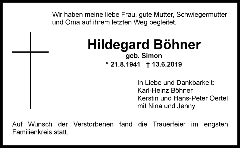  Traueranzeige für Hildegard Böhner vom 22.06.2019 aus Nordbayerischer Kurier