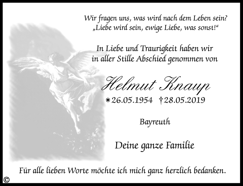  Traueranzeige für Helmut Knaup vom 08.06.2019 aus Nordbayerischer Kurier