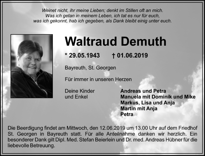  Traueranzeige für Waltraud Demuth vom 08.06.2019 aus Nordbayerischer Kurier
