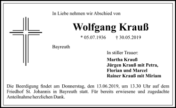 Anzeige von Wolfgang Krauß von Nordbayerischer Kurier