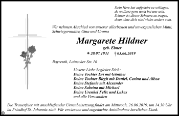 Anzeige von Maragrete Hildner von Nordbayerischer Kurier