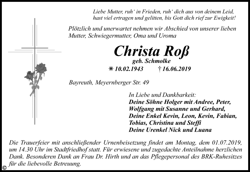  Traueranzeige für Christa Roß vom 27.06.2019 aus Nordbayerischer Kurier