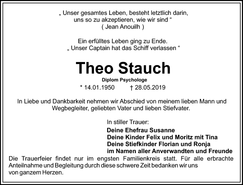 Traueranzeige für Theo Stauch vom 05.06.2019 aus Nordbayerischer Kurier