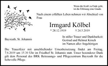 Anzeige von Irmgrad Kölbel von Nordbayerischer Kurier