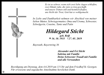 Anzeige von Hildegard Sticht von Nordbayerischer Kurier