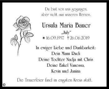 Anzeige von Ursula Maria Bauer von Nordbayerischer Kurier
