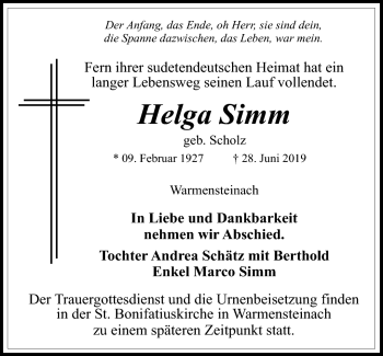 Anzeige von Helga Simm von Nordbayerischer Kurier