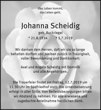 Anzeige von Johanna Scheidig von Nordbayerischer Kurier