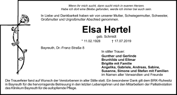 Anzeige von Elsa Hertel von Nordbayerischer Kurier