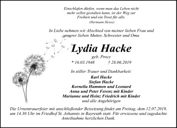 Anzeige von Lydia Hacke von Nordbayerischer Kurier