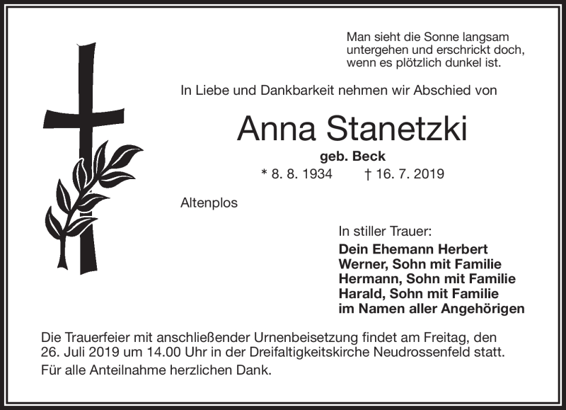  Traueranzeige für Anna Stanetzki vom 24.07.2019 aus Nordbayerischer Kurier