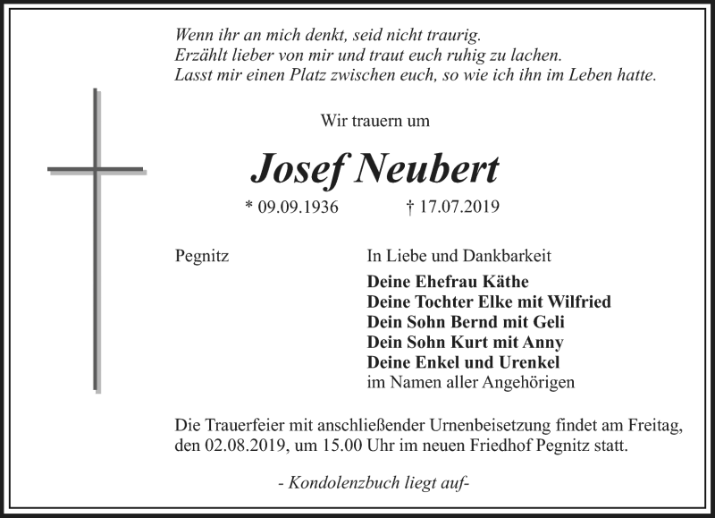  Traueranzeige für Josef Neubert vom 31.07.2019 aus Nordbayerischer Kurier