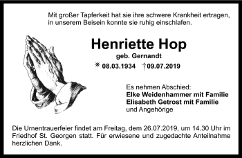 Anzeige von Henriette Hop von Nordbayerischer Kurier