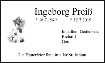Anzeige von Ingeborg Preiß von Nordbayerischer Kurier