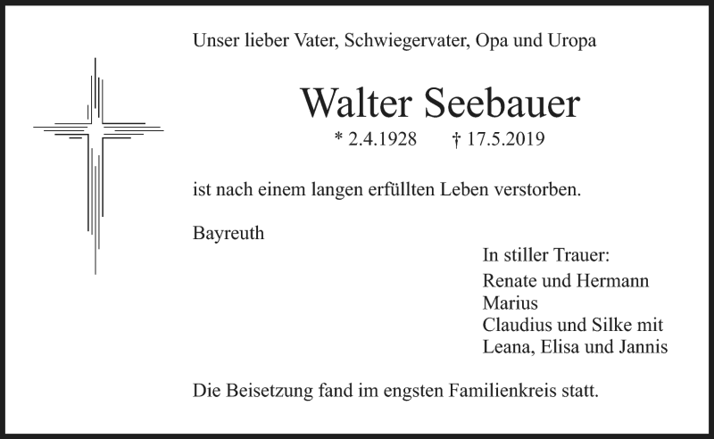  Traueranzeige für Walter Seebauer vom 23.07.2019 aus Nordbayerischer Kurier
