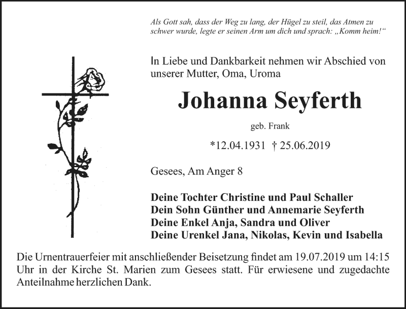  Traueranzeige für Johanna Seyferth vom 16.07.2019 aus Nordbayerischer Kurier