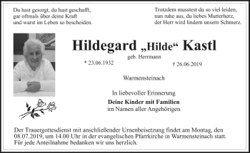 Anzeige von Hildegard Kastl von Nordbayerischer Kurier