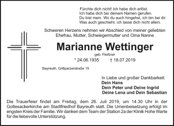 Anzeige von Marianne Wettinger von Nordbayerischer Kurier