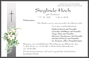 Anzeige von Sieglinde Hoch von Nordbayerischer Kurier