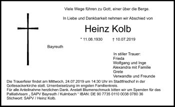 Anzeige von Heinz Kolb von Nordbayerischer Kurier