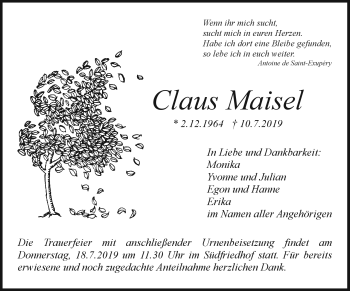 Anzeige von Claus Maisel von Nordbayerischer Kurier