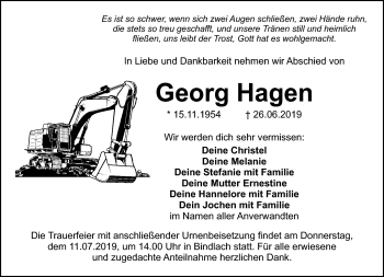 Anzeige von Georg Hagen von Nordbayerischer Kurier