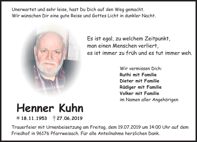  Traueranzeige für Henner Kuhn vom 13.07.2019 aus Nordbayerischer Kurier