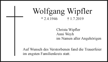 Anzeige von Wolfgang Wipfler von Nordbayerischer Kurier
