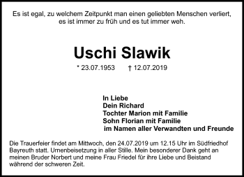 Anzeige von Uschi Slawik von Nordbayerischer Kurier