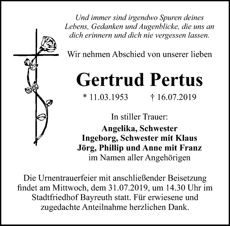  Traueranzeige für Gertrud Pertus vom 27.07.2019 aus Nordbayerischer Kurier