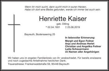 Anzeige von Henriette Kaiser von Nordbayerischer Kurier