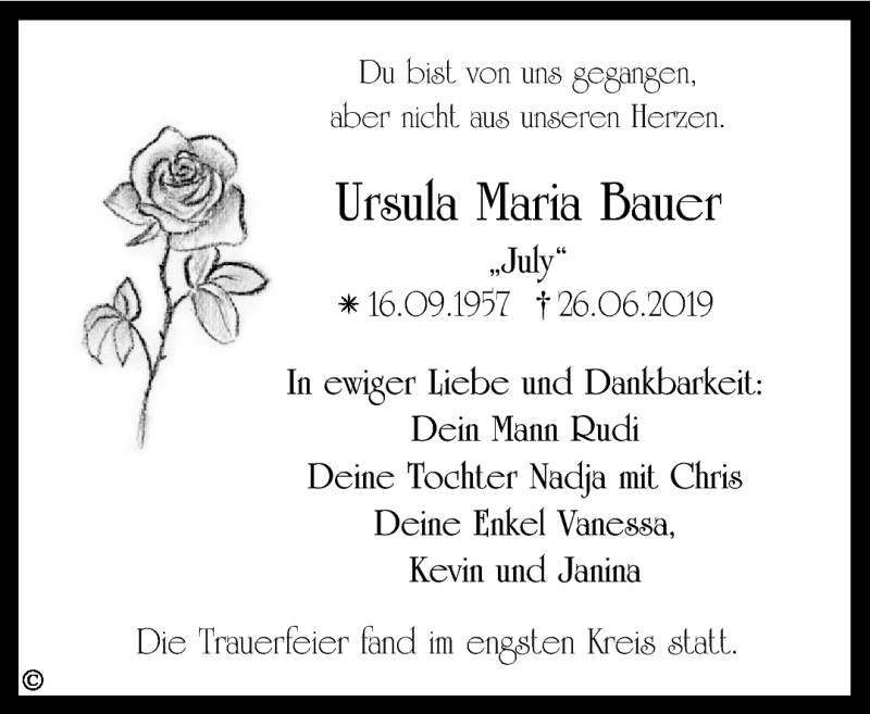  Traueranzeige für Ursula Maria Bauer vom 13.07.2019 aus Nordbayerischer Kurier