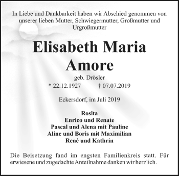 Anzeige von Elisabeth Maria Amore von Nordbayerischer Kurier
