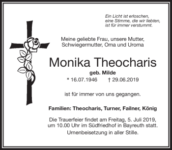 Anzeige von Monika Theocharis von Nordbayerischer Kurier