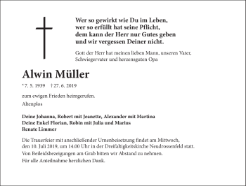 Anzeige von Alwin Müller von Nordbayerischer Kurier