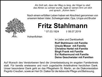 Anzeige von Fritz Stahlmann von Nordbayerischer Kurier
