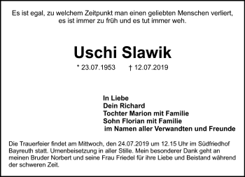 Anzeige von Uschi Slawik von Nordbayerischer Kurier