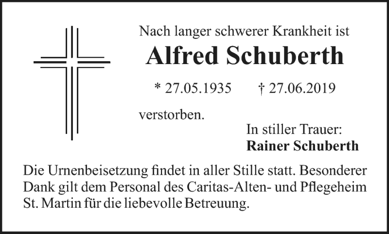  Traueranzeige für Alfred Schuberth vom 13.07.2019 aus Nordbayerischer Kurier