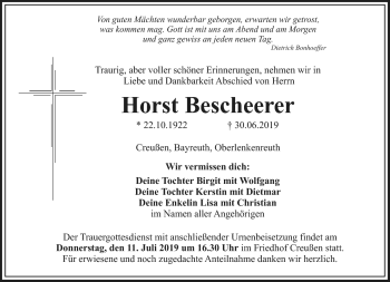 Anzeige von Horst Bescheerer von Nordbayerischer Kurier